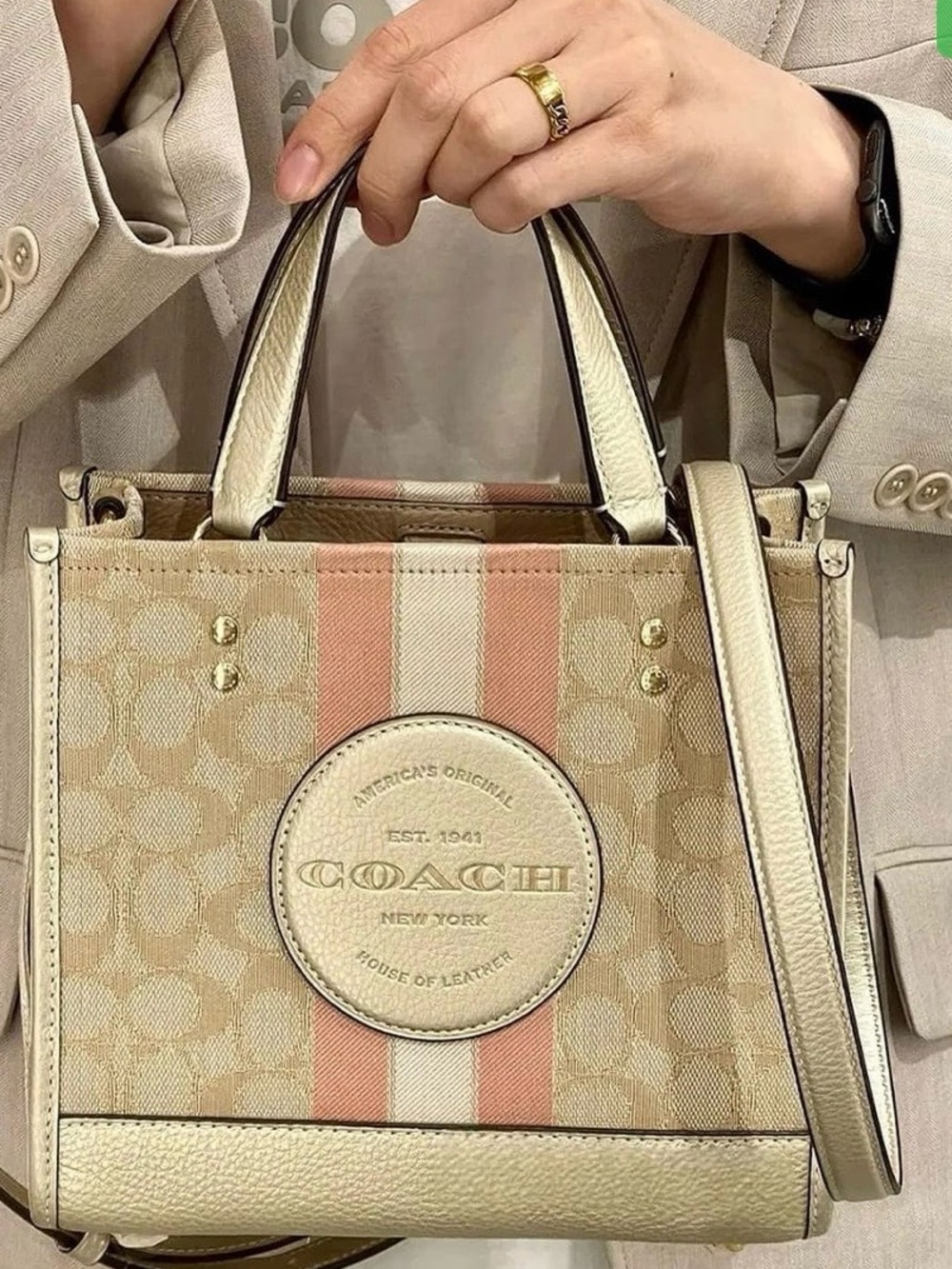 NWT COACH Mini Dempsey Tote 22 Signature Jacquard. Soft Gold/Khaki/Pink/Goldtone - Picture 12 of 13